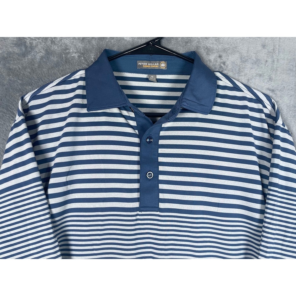 Peter Millar Summer Comfort Mens Medium Blue White Striped Golf Polo Shirt